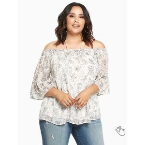 E008 Torrid Paisley Print Chiffon Off The Shoulder Top